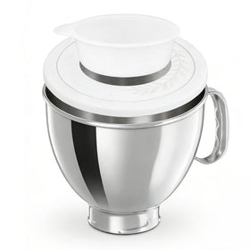 Akshin 5qt stainless steel bowl with handle and lid for easy mixing and storage.