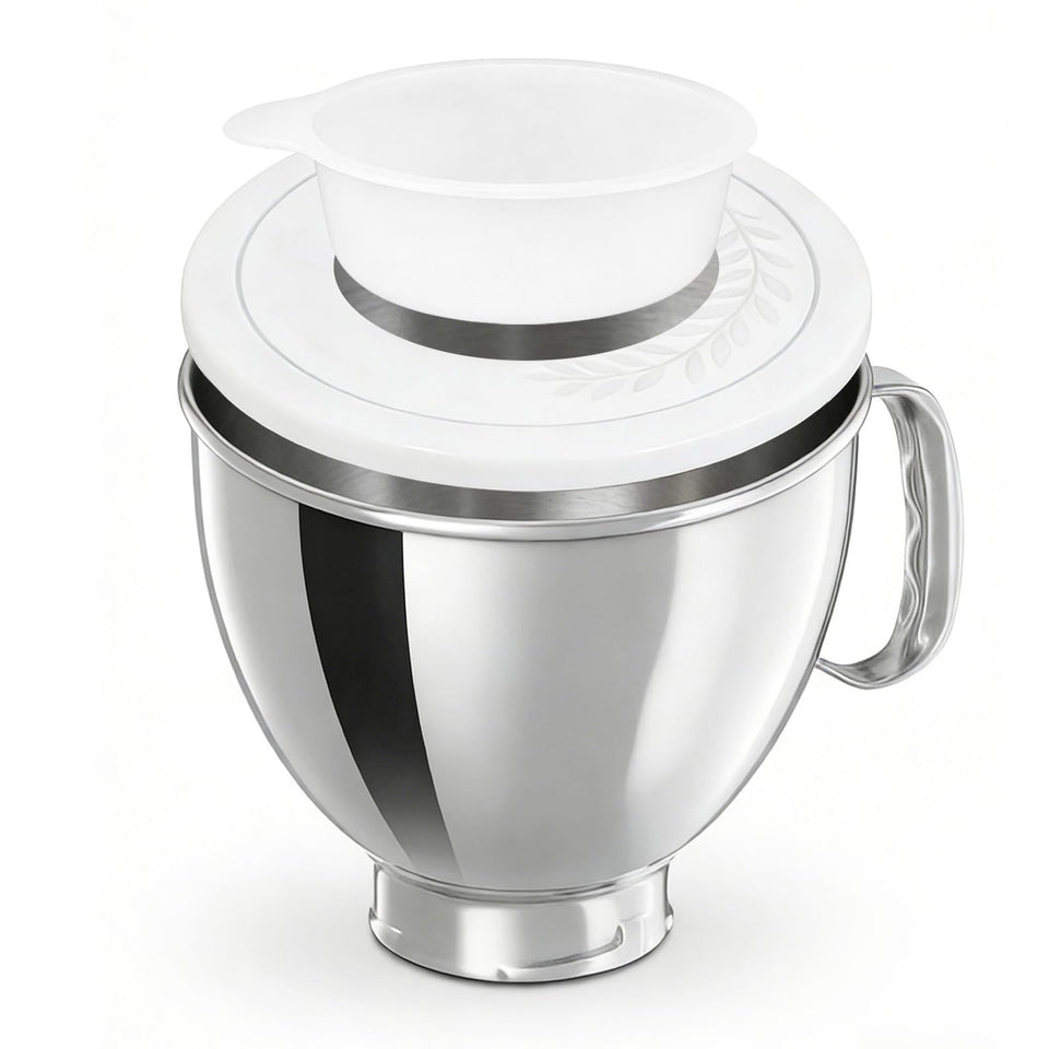 Akshin 5qt stainless steel bowl with handle and lid for easy mixing and storage.