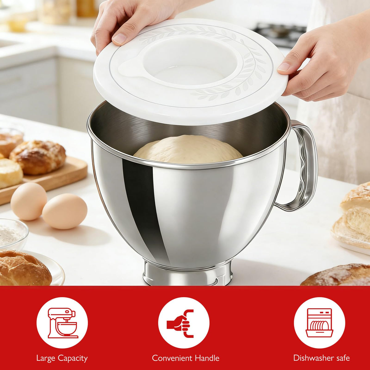 Akshin lid doubles as splash guard and airtight container for dough proofing and chilling.