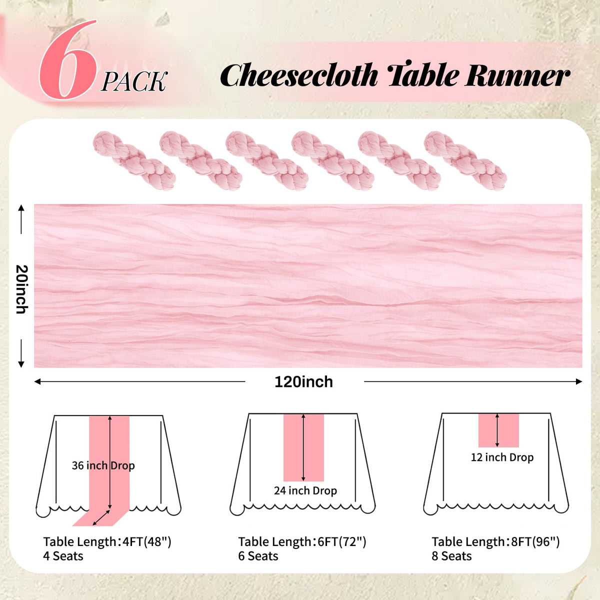 Aktor six pack pink cheesecloth table runner boosts festive tablescape versatility.