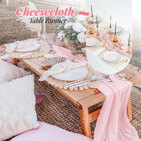 Aktor pink cheesecloth table runner complements home decor with easy styling.