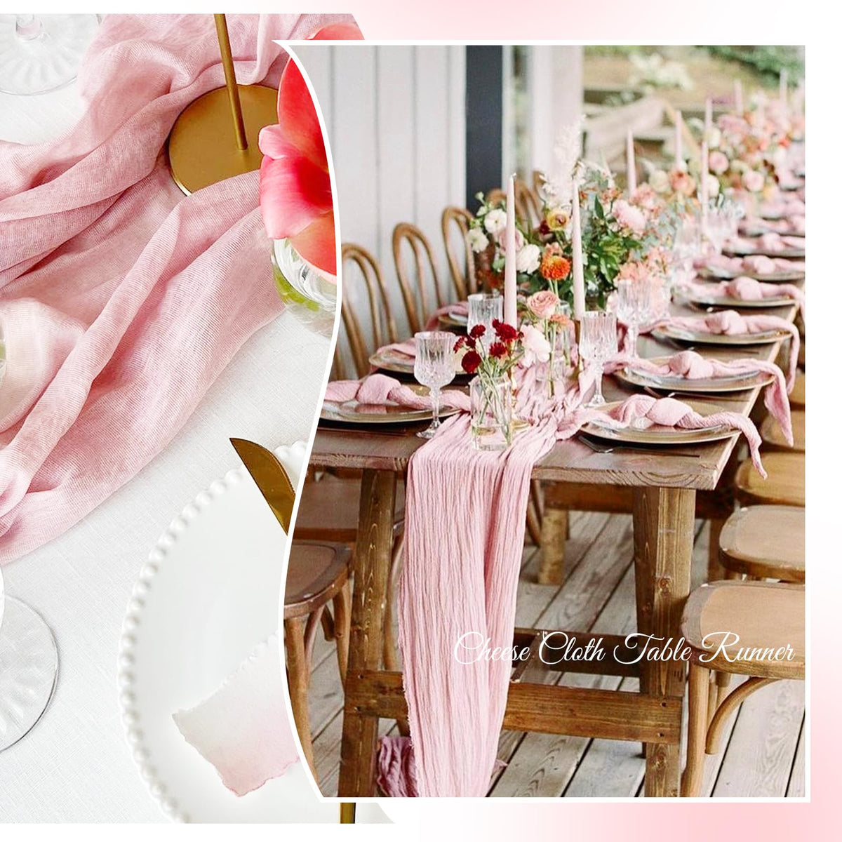 Aktor pink cheesecloth table runner enhances wedding decor and special occasions.