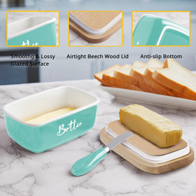 ALELION turquoise butter keeper on a counter complements rustic decor and easy access.