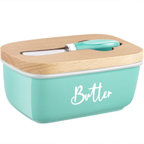 ALELION turquoise butter dish with lid closeup highlighting airtight seal for freshness.