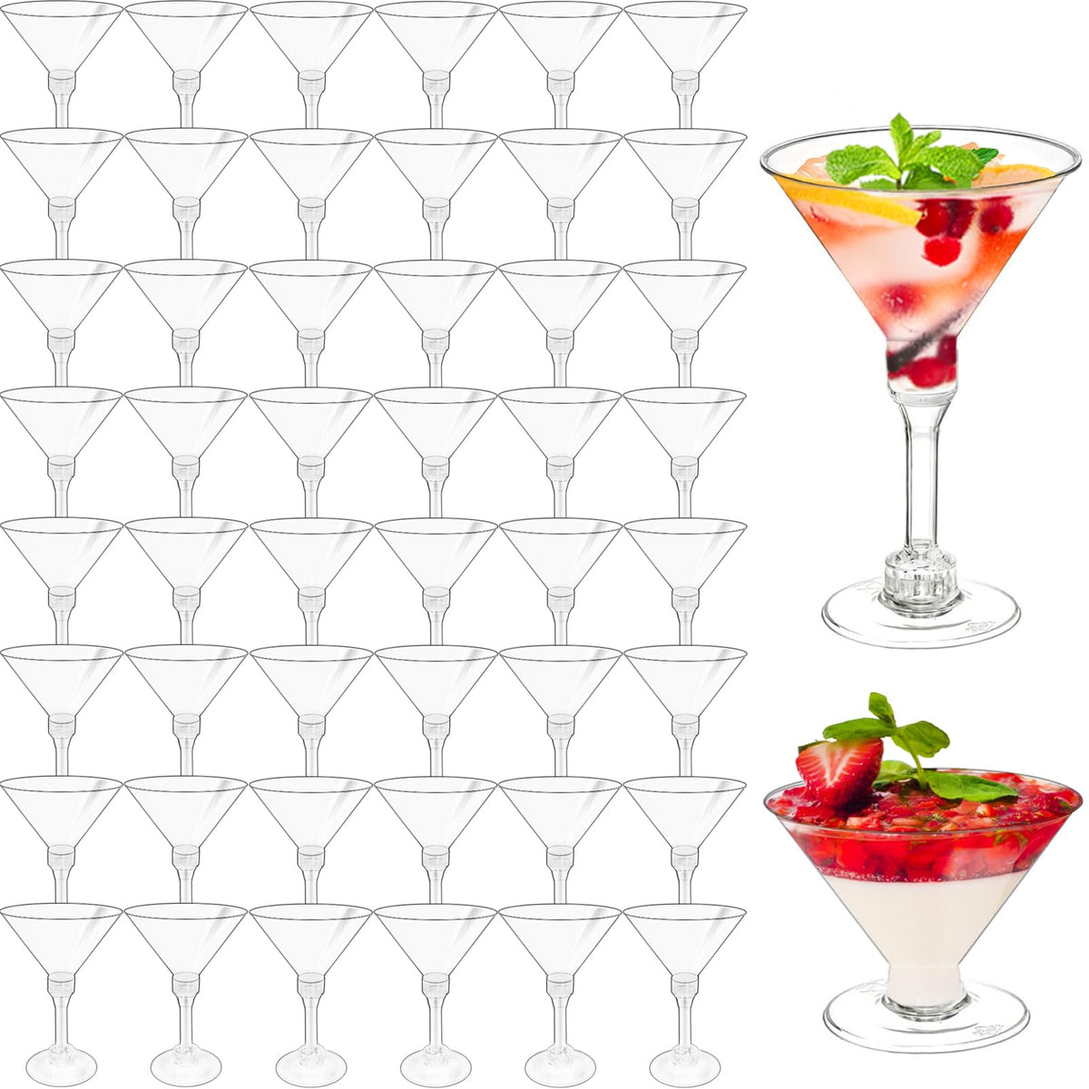 Alaeseje 50-pack plastic martini glasses pack-shot highlighting clear, durable partyware for events.