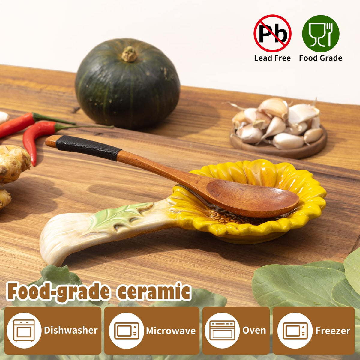 Alarrar sunflower spoon rest, durable ceramic, enhances decor and protects surfaces.