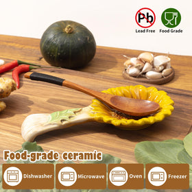 Alarrar sunflower spoon rest, durable ceramic, enhances decor and protects surfaces.