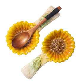 Alarrar sunflower spoon rest, front view, keeps counters clean.