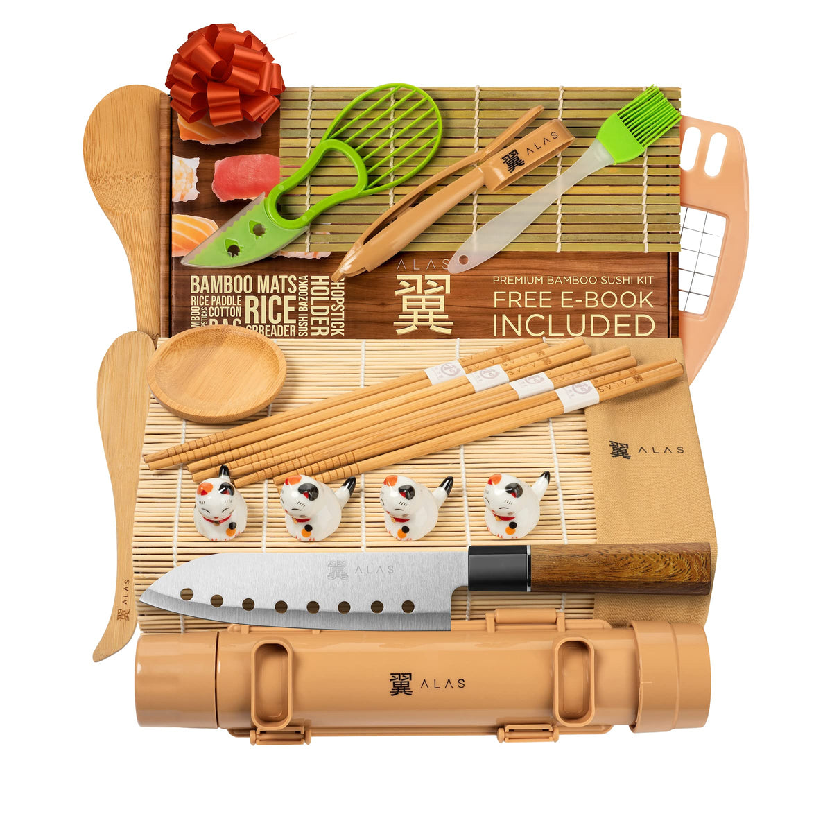 Alas complete sushi making set laid out for home use, showcasing the full kit features