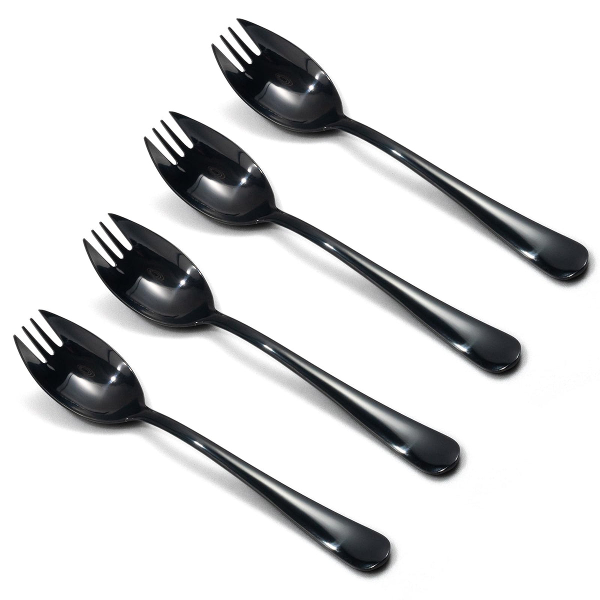 Alata black mirror sporks with curved bowl design, ideal for soups and salads