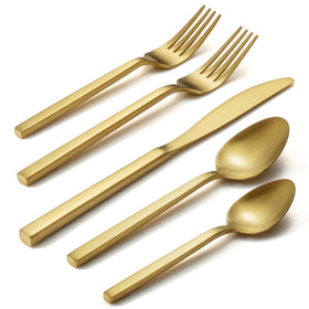 Alata Cube Matte Gold 40-piece flatware set ready for eight guests