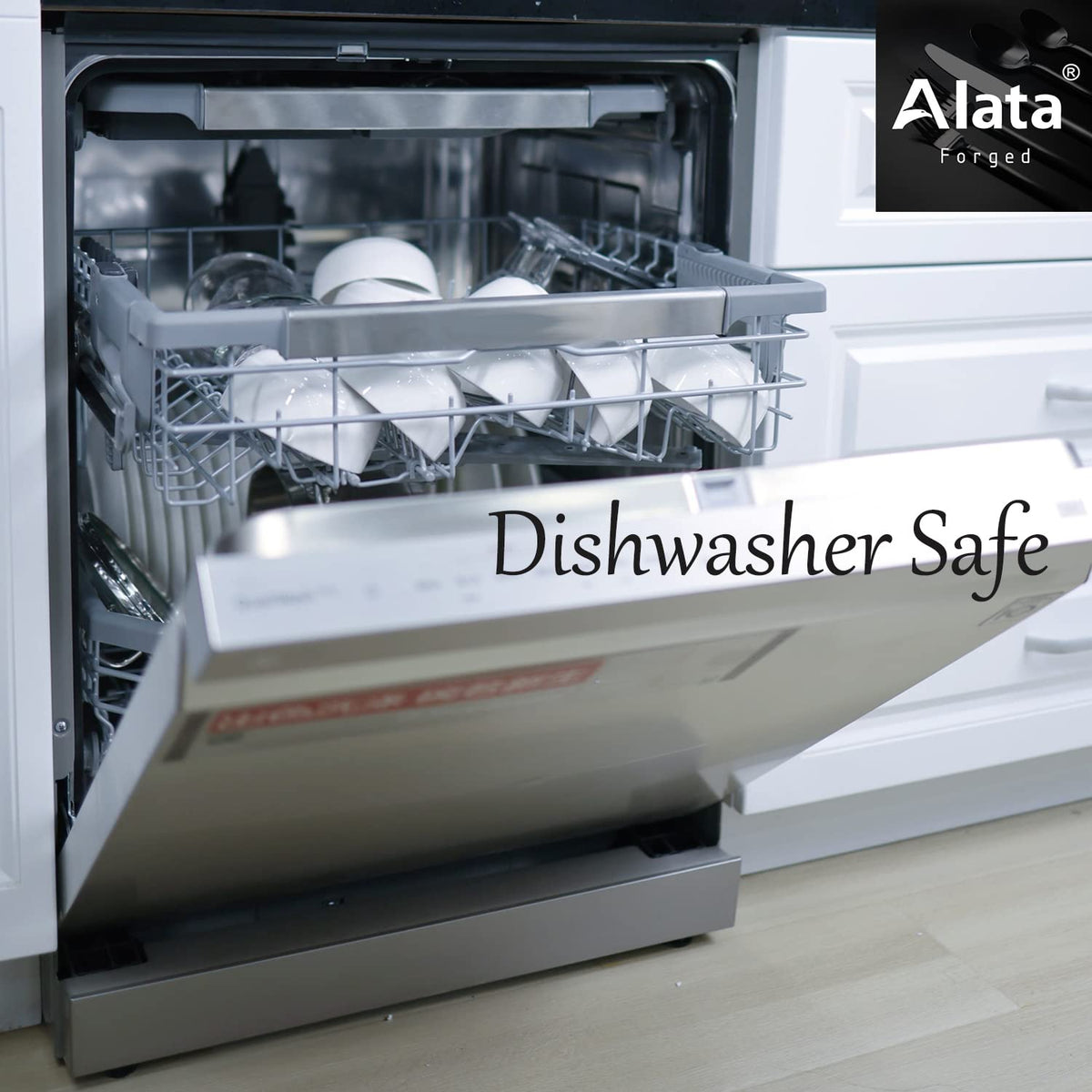 Alata Cube mirror finish, dishwasher-safe flatware for easy care.