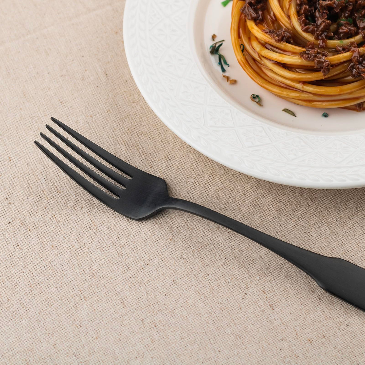 Alata Kate Black Satin salad fork for eight, balanced weight for comfortable dining.