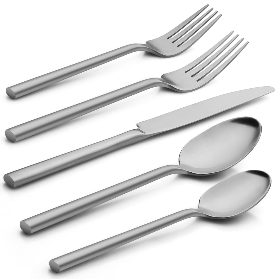 Alata Potter full 20-piece flatware set on table with satin finish for family dining