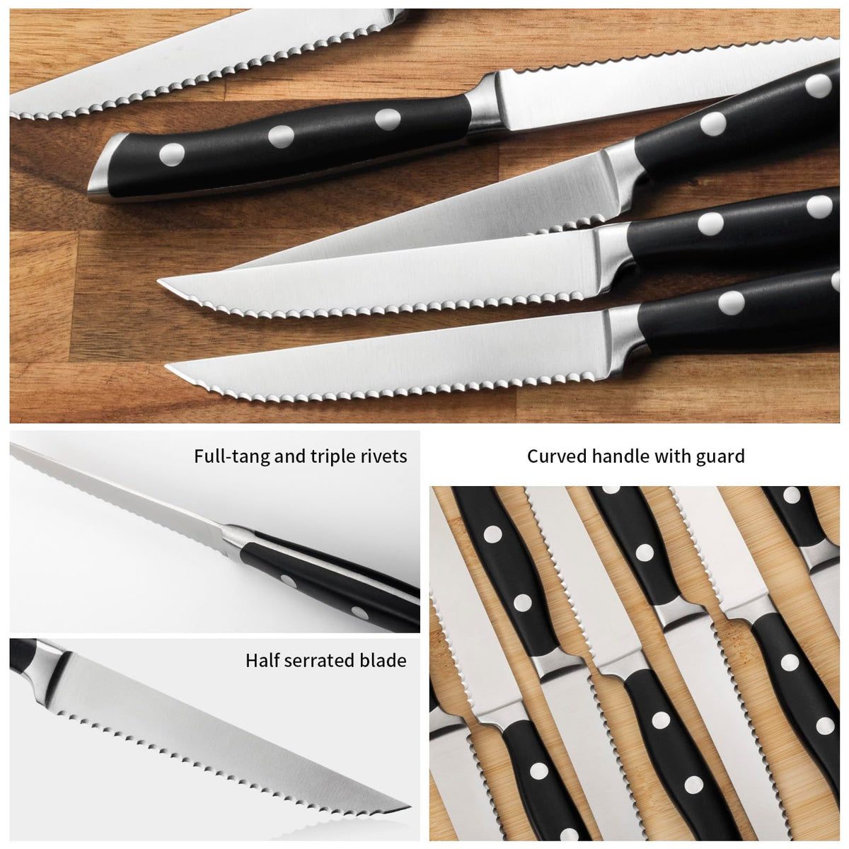 Alata steak knife with serrated edge delivers clean slices.