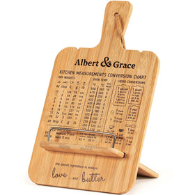 Albert&Grace bamboo cookbook stand with conversion chart for quick recipe changes