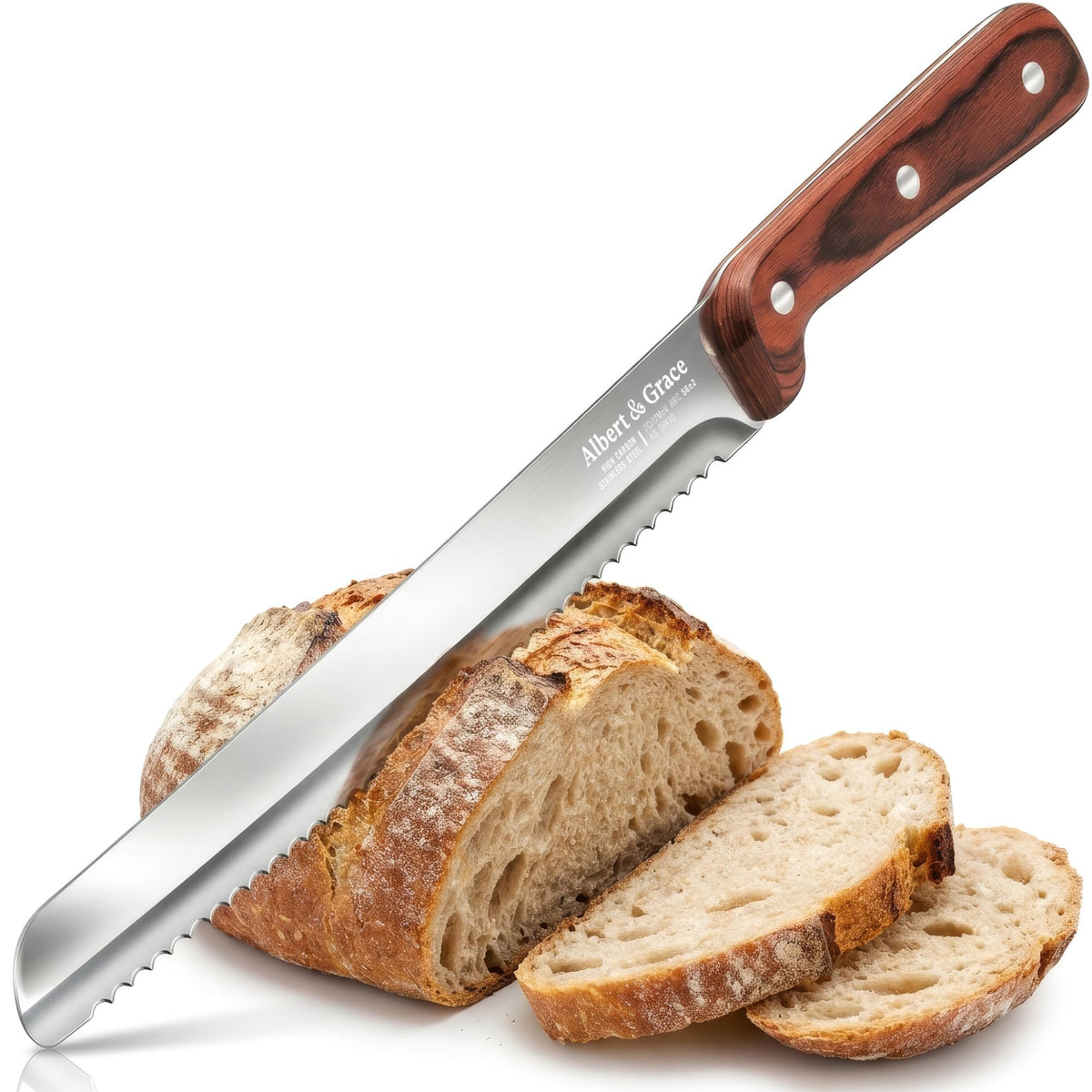 Albert&Grace ten-and-a-half-inch serrated bread knife slicing bread with clean, crumb-free edges