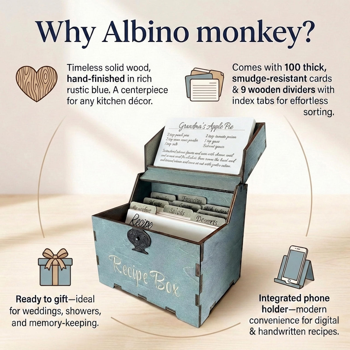 Albino Monkey wood dividers and tabs provide structured sorting.