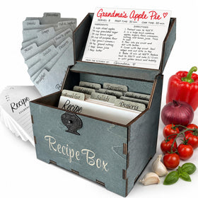Albino Monkey wooden recipe box with dark teal finish for warm kitchen style.