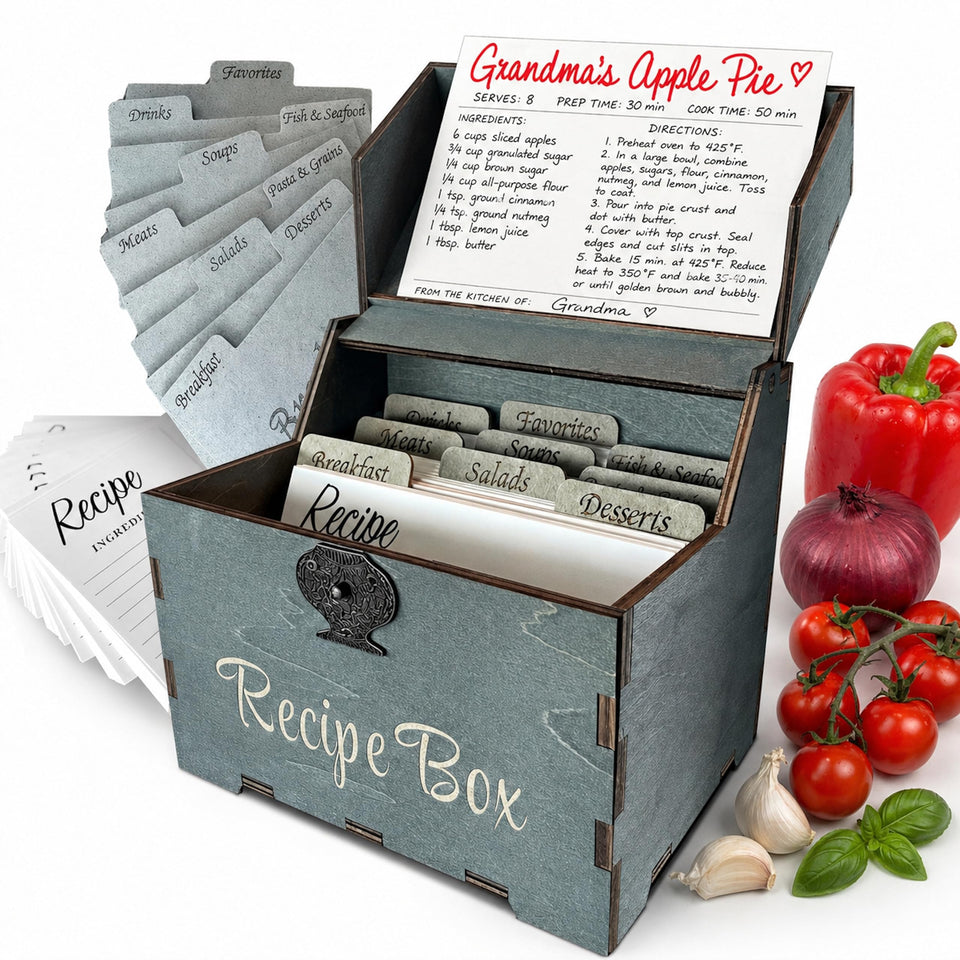 Albino Monkey wooden recipe box with dark teal finish for warm kitchen style.