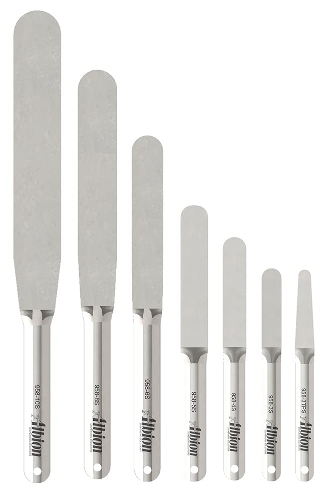 Albion 958-G01 spatula with curved handle designed for precision work.