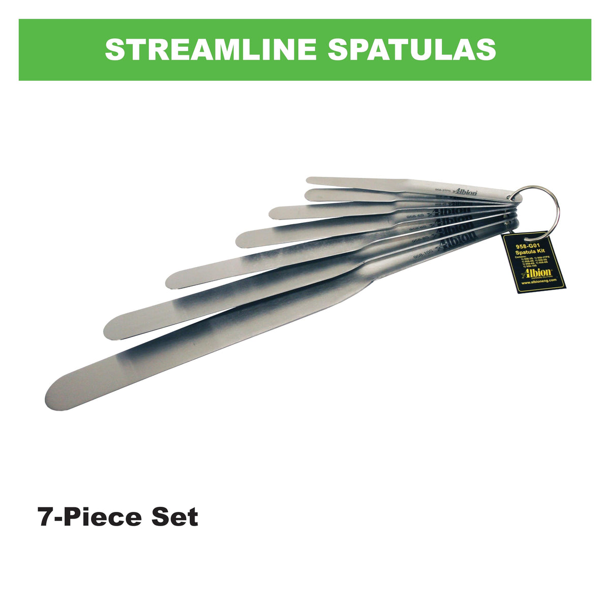 Albion 958-G01 spatula blades tapered for flexible caulk shaping.