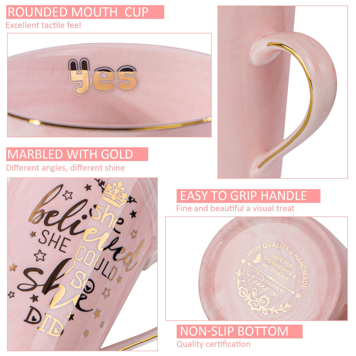 ALBISS 14oz pink ceramic mug side view ready for coffee
