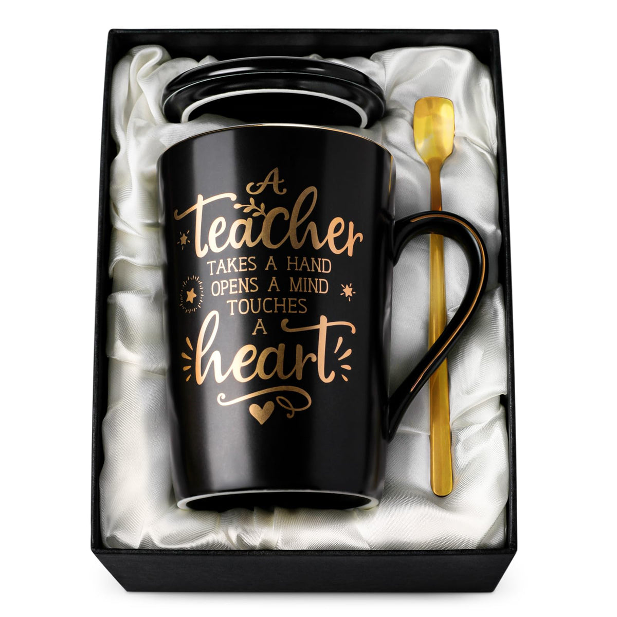 ALBISS Best Teacher Mug with black ceramic and gold print – front view for daily coffee.