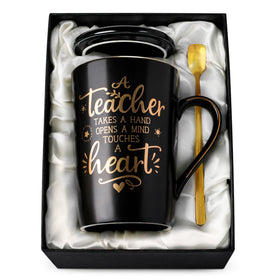 ALBISS Best Teacher Mug with black ceramic and gold print – front view for daily coffee.