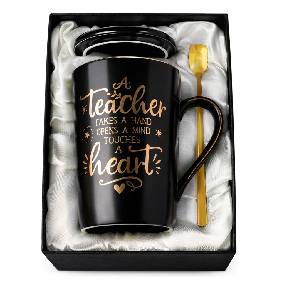 ALBISS Best Teacher Mug with black ceramic and gold print – front view for daily coffee.