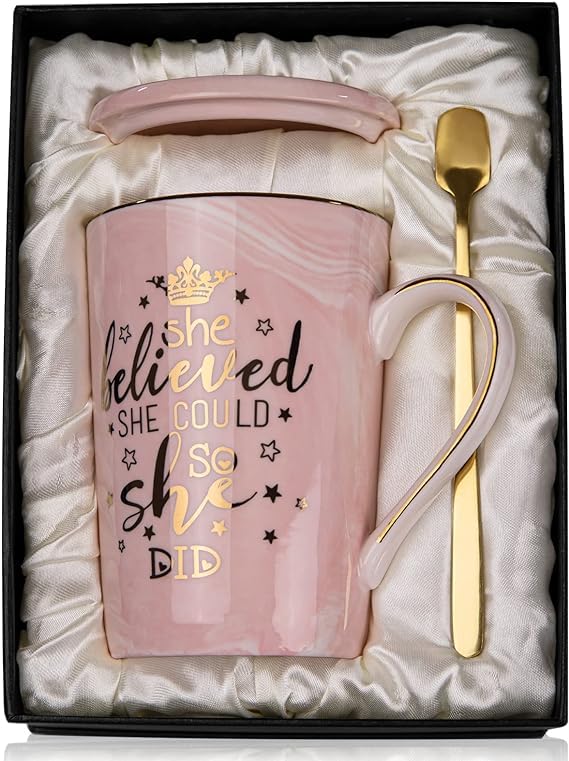 ALBISS mug with pink marble finish and gold print for celebrations