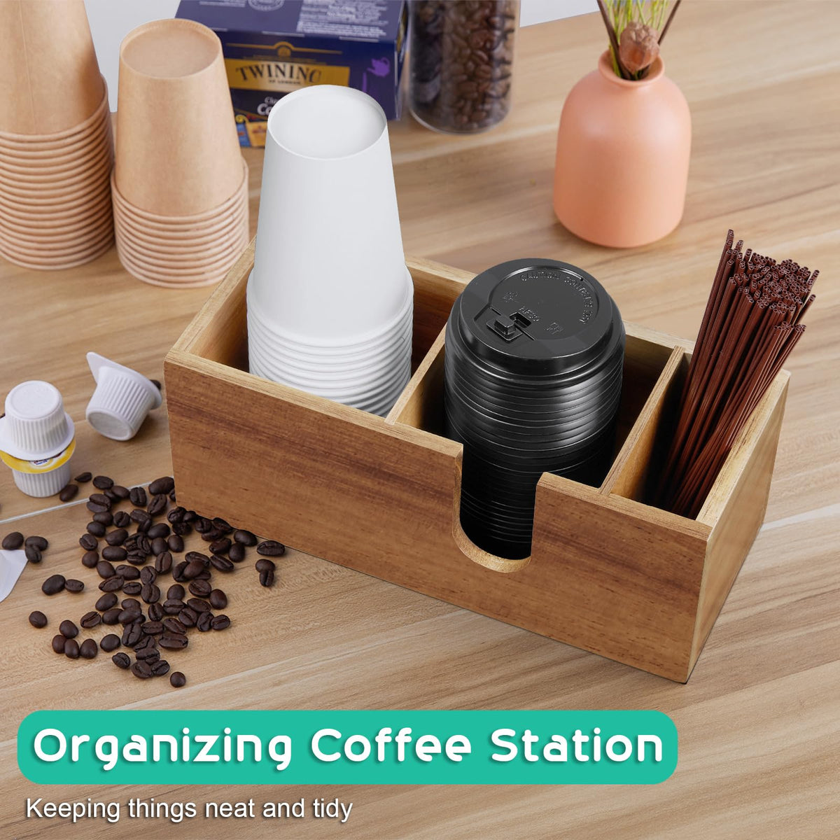 ALELION acacia wood coffee cup holder side view highlights compact footprint