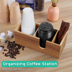 ALELION acacia wood coffee cup holder side view highlights compact footprint