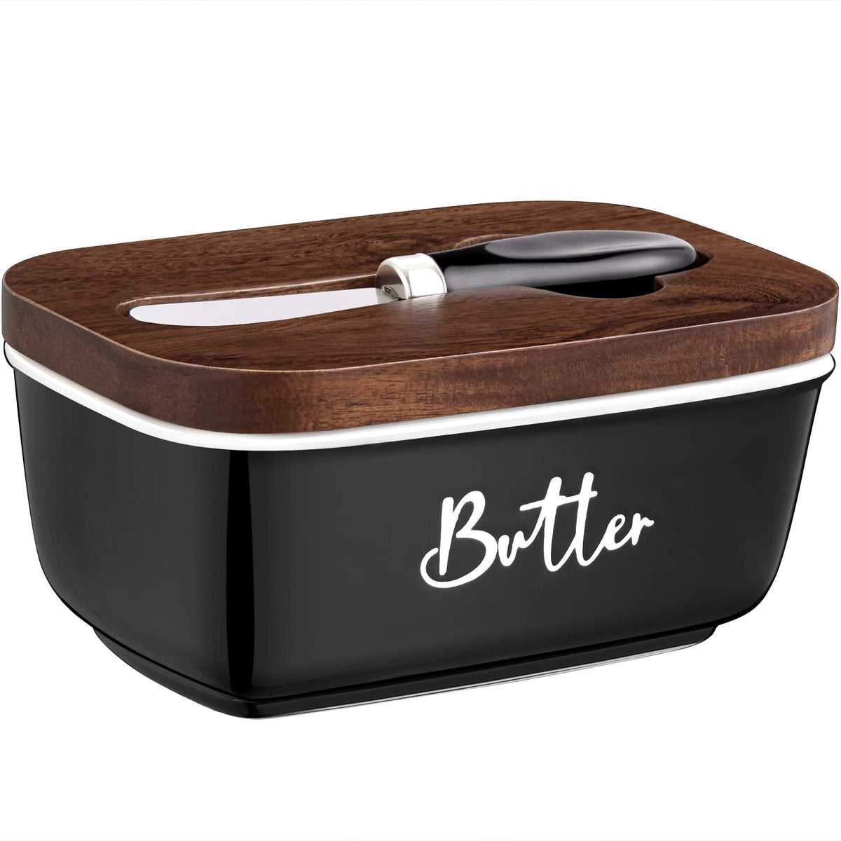 ALELION black butter dish with airtight lid on counter to keep butter fresh.