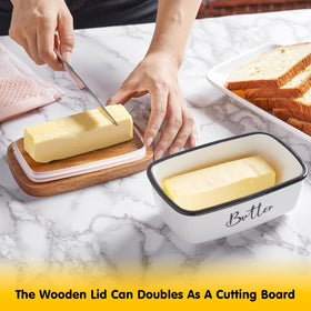 ALELION butter dish closeup reveals glaze and wood lid detail