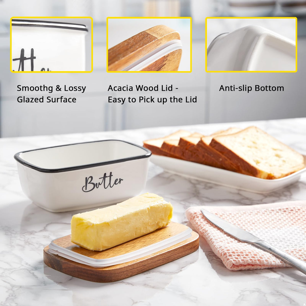 ALELION butter dish white ceramic base complements modern and country kitchens