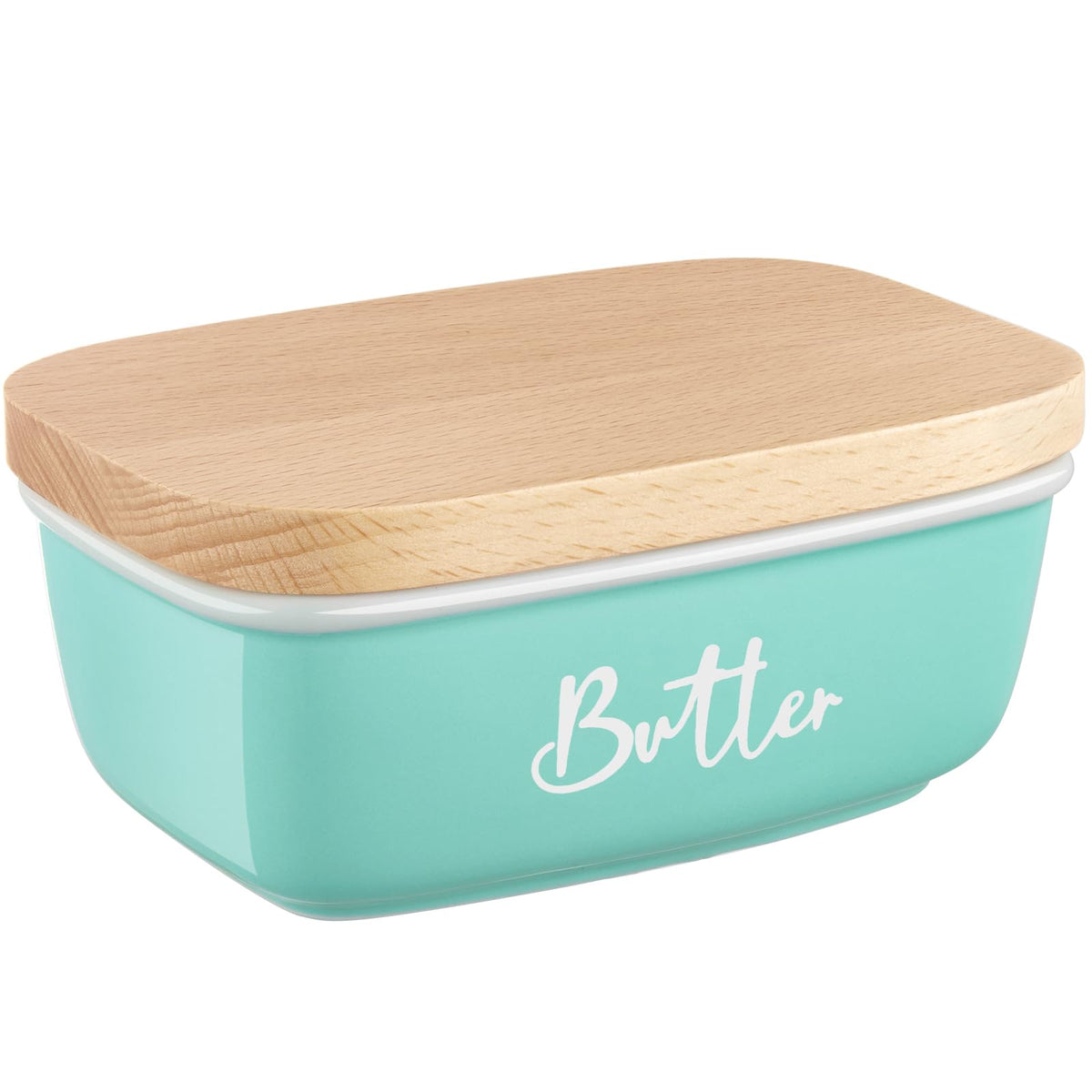 ALELION turquoise ceramic butter dish with lid on counter keeps butter fresh