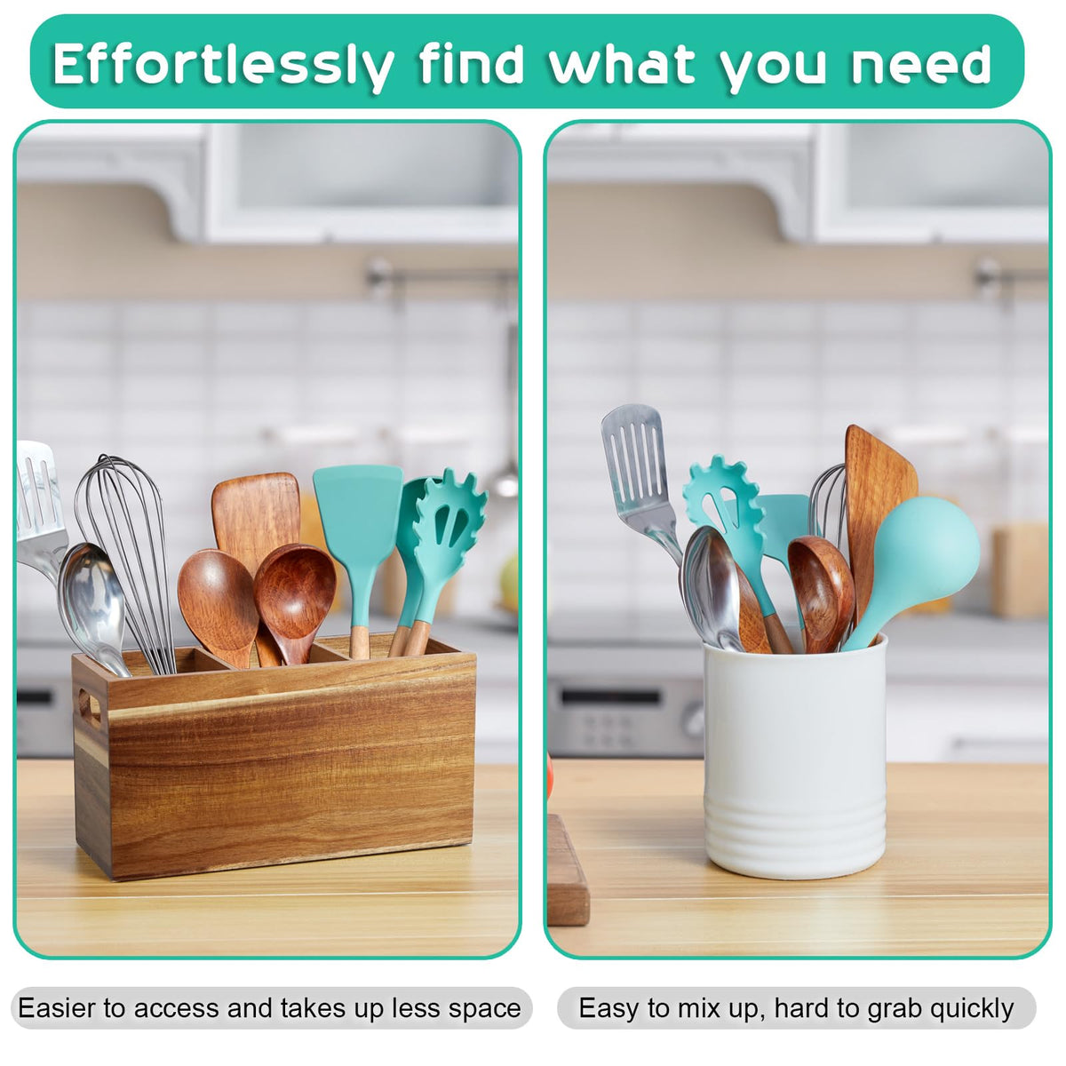 ALELION acacia wood utensil holder base with anti-slip pad for tabletop protection.