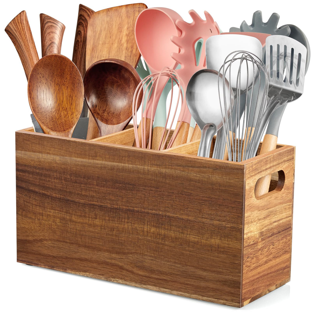 ALELION acacia wood utensil holder on counter keeps spatulas organized and accessible.