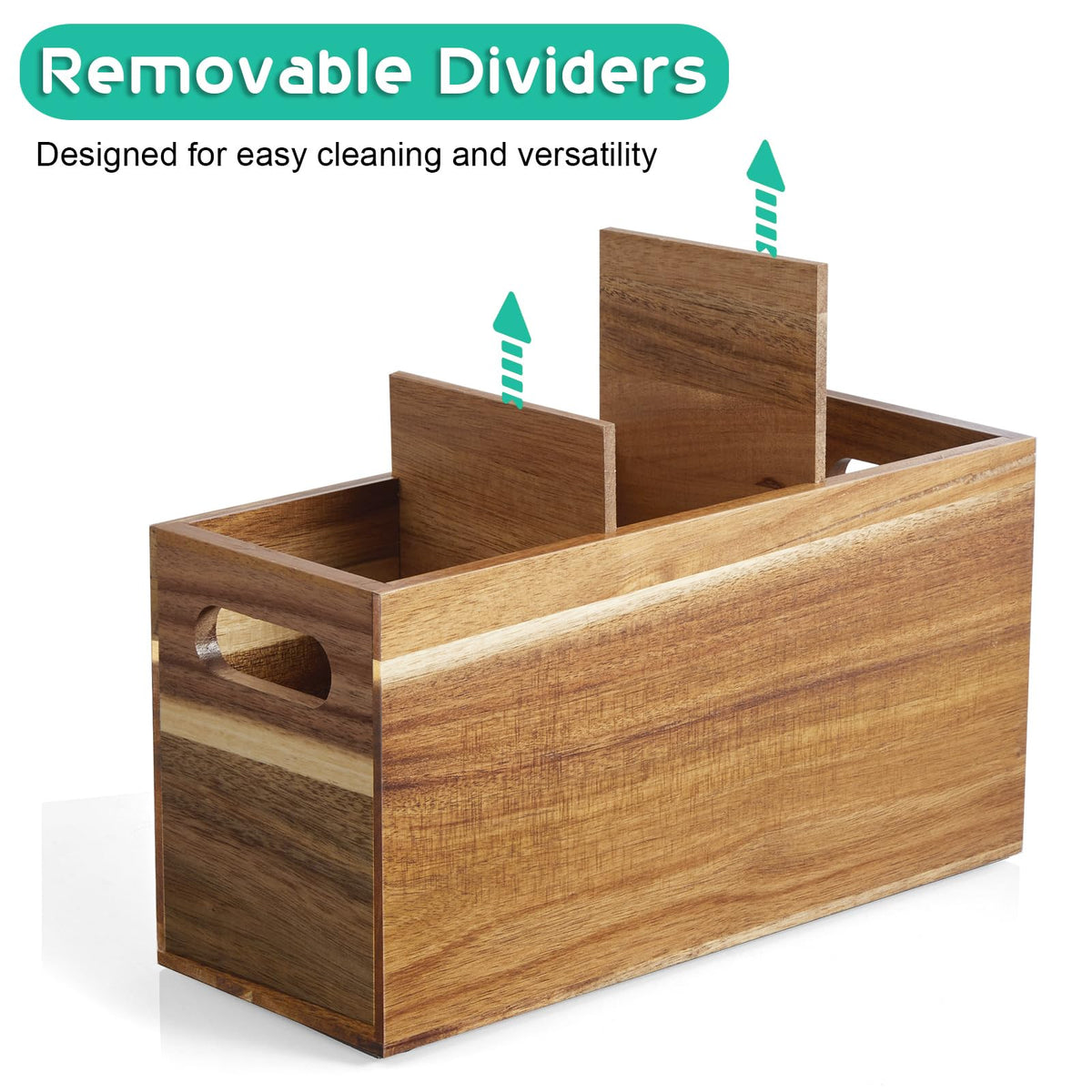 ALELION acacia wood utensil holder with three compartments for easy utensil separation.