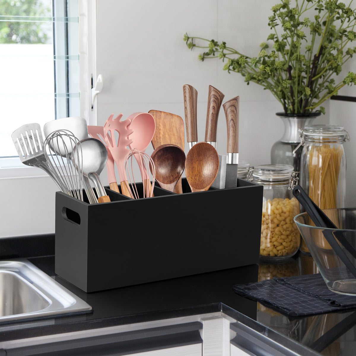 ALELION black countertop organizer fits corners to save space