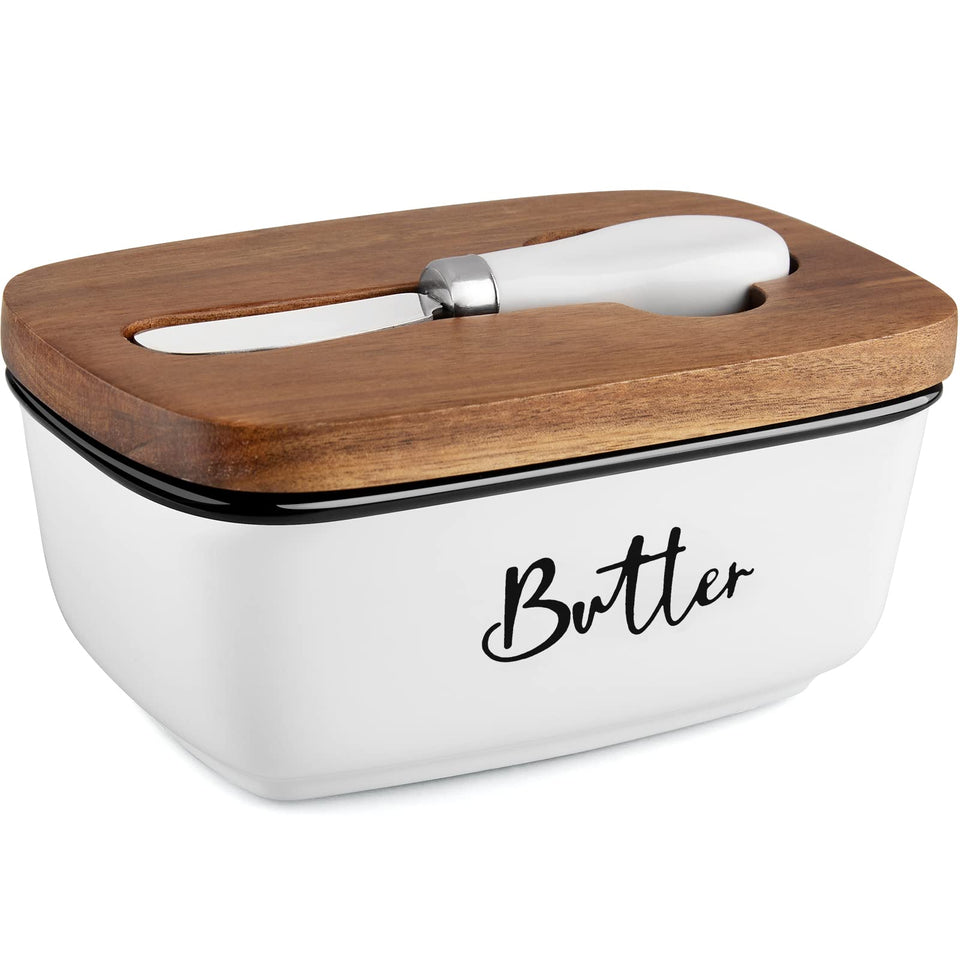 Alelion ceramic butter dish with lid shows airtight seal for longer freshness.