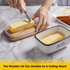 Alelion butter dish pictured on a countertop near the fridge for storage versatility.