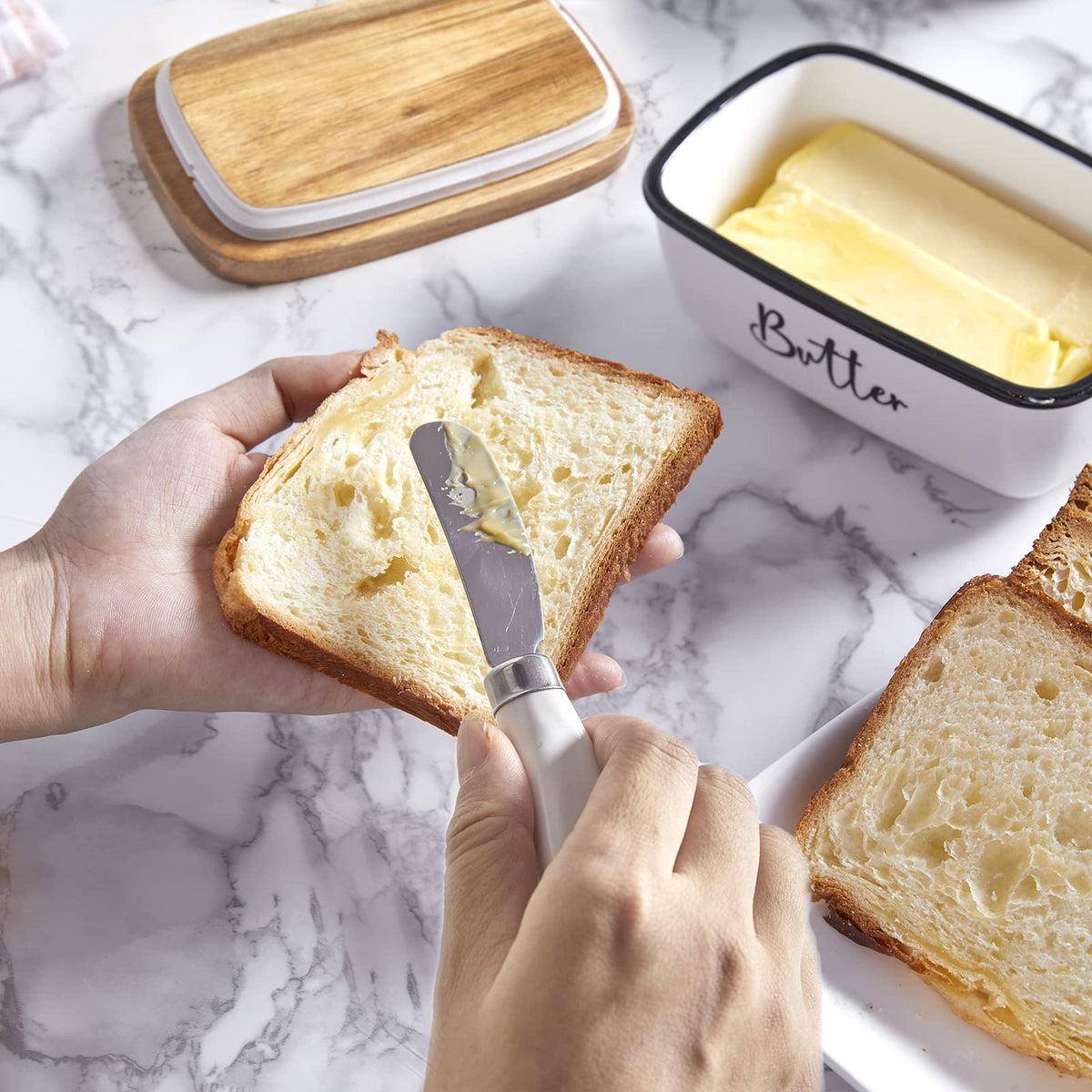Alelion butter dish complements farmhouse kitchen decor on display.