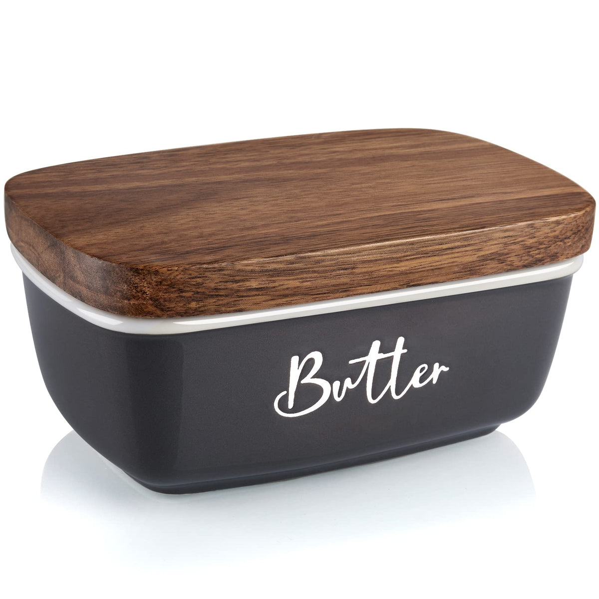 ALELION gray butter dish with acacia lid keeps butter fresh on the counter