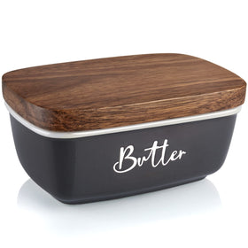 ALELION gray butter dish with acacia lid keeps butter fresh on the counter
