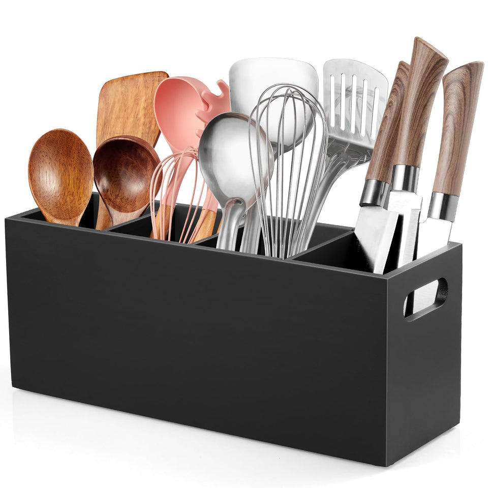 ALELION large wooden utensil holder with removable divider for organized counter storage