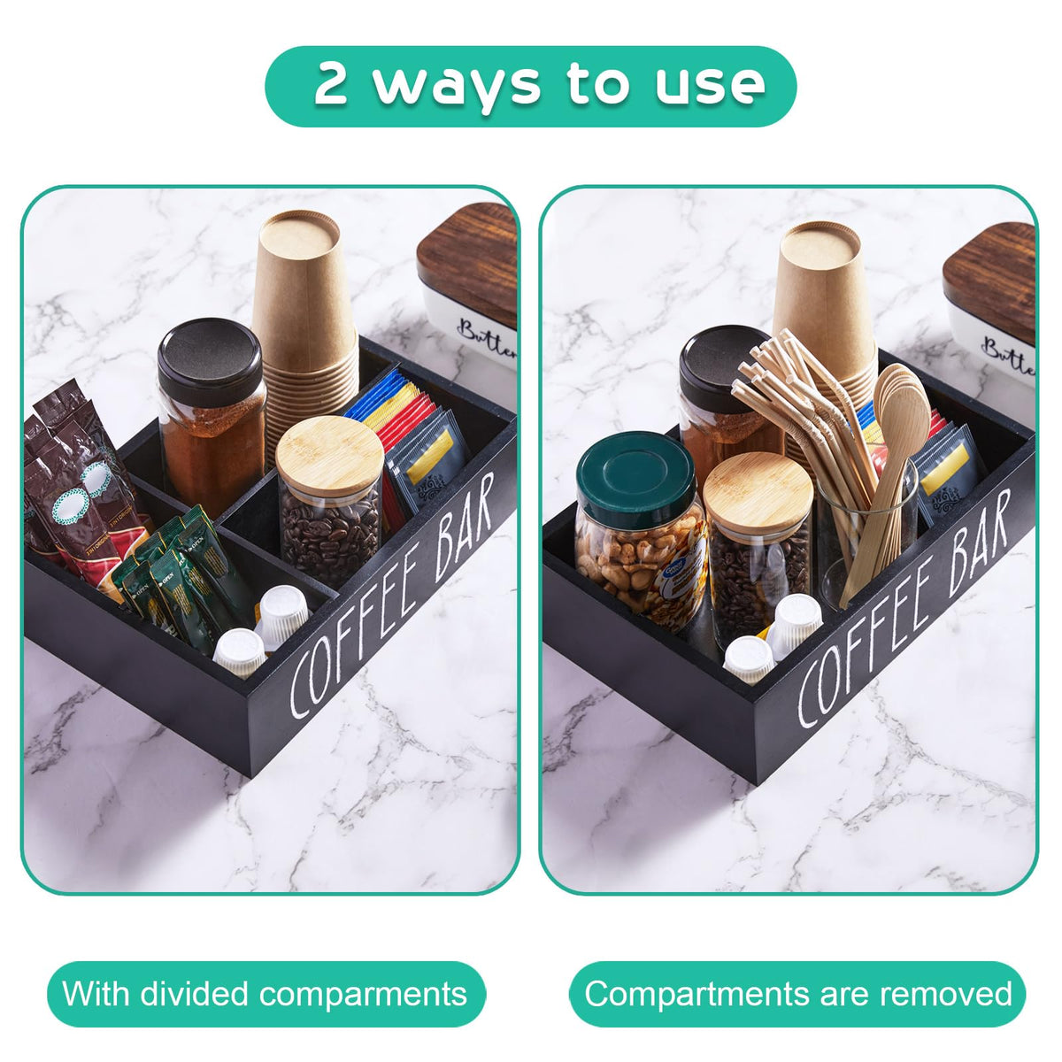 Alelion removable dividers coffee organizer enables customizable layouts for pods, sugar, and stirrers.
