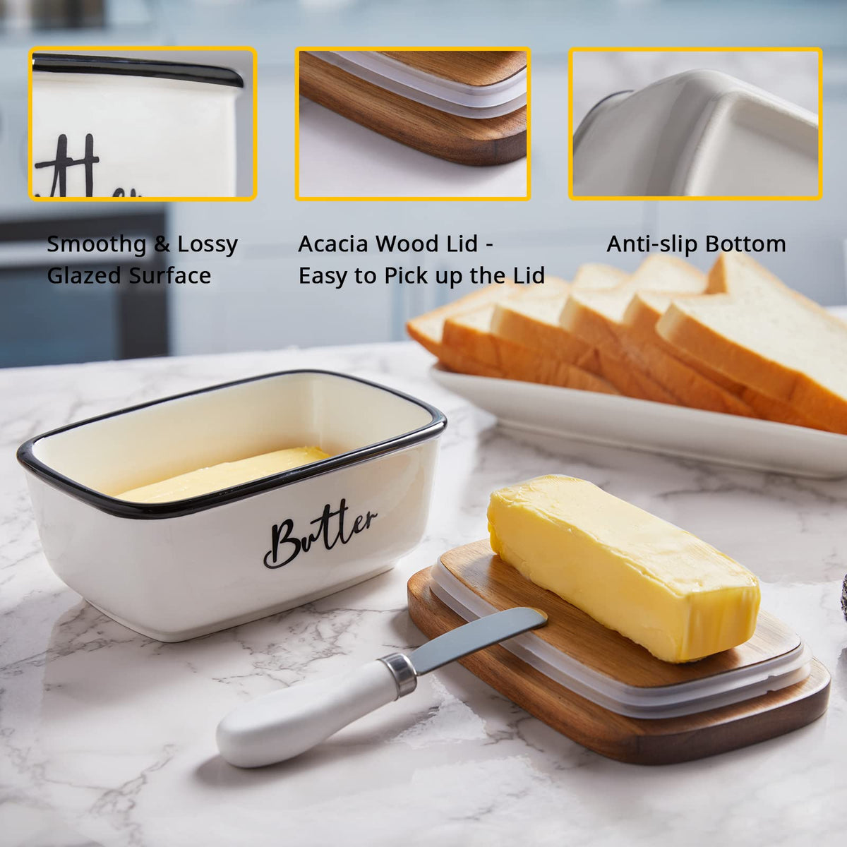 Alelion white porcelain butter dish on a clean counter.
