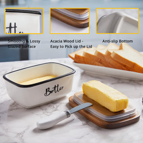Alelion white porcelain butter dish on a clean counter.